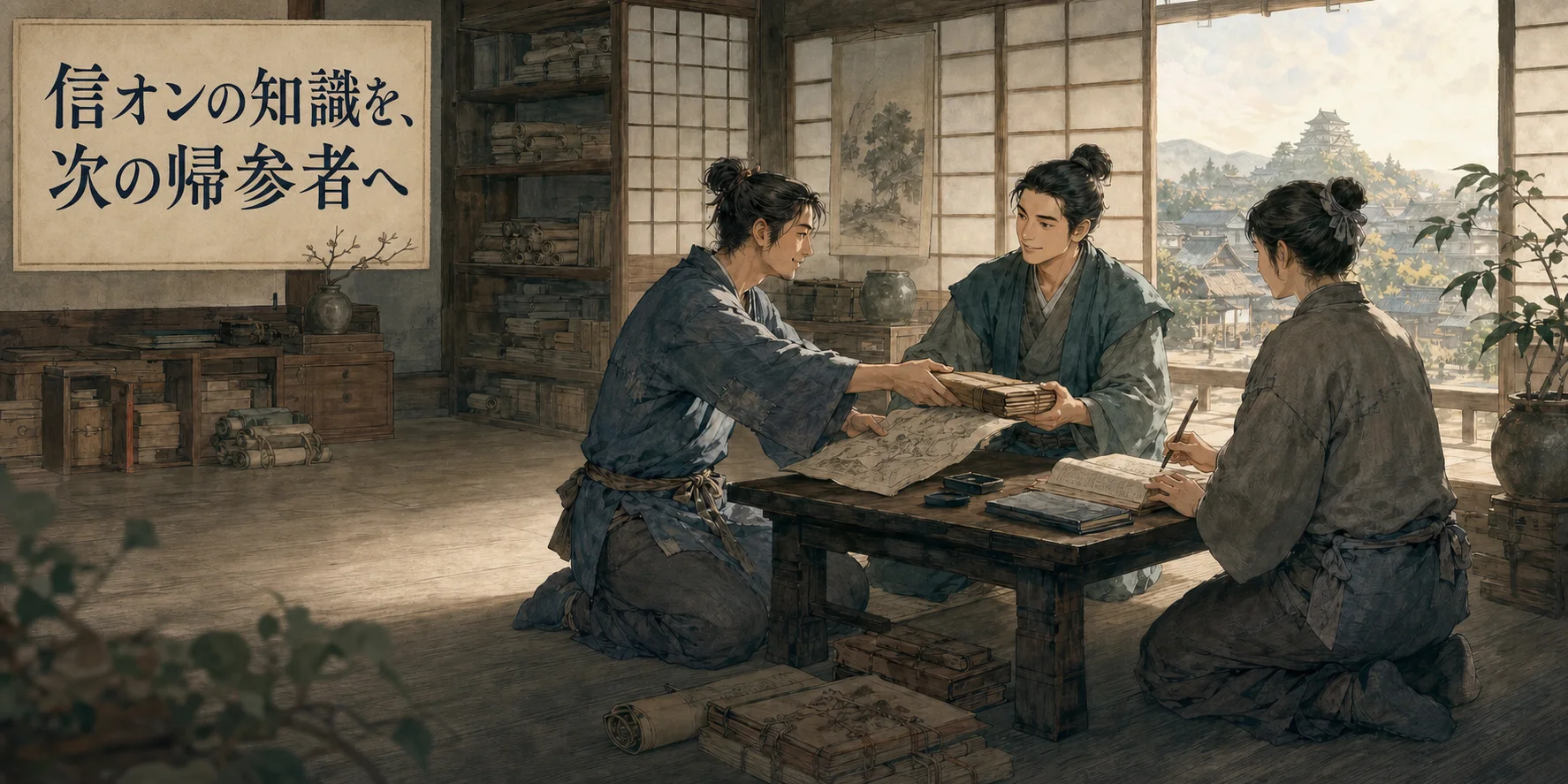 城下町を望む書見台で、一人が巻物を手渡し、もう一人が地図と帳面を整える三人