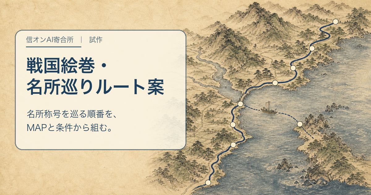 古地図を背景にした案内画像。戦国絵巻・名所巡りルート案、名所称号を巡る順番を、MAPと条件から組む。と表示しています。