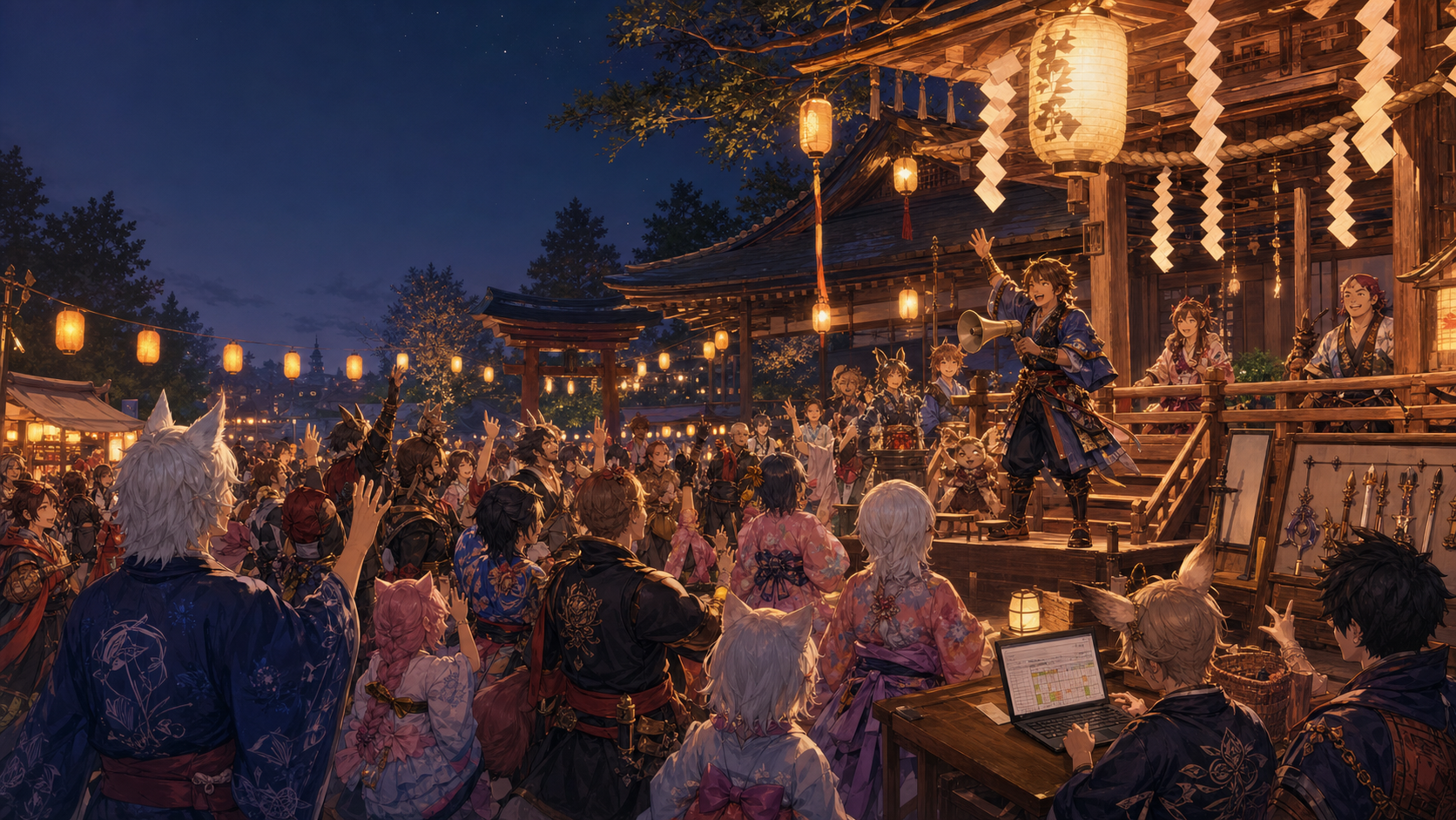 灯りに包まれた神社の境内で、浴衣姿の参加者たちがゲームと市を楽しむ駿府村まつりのイメージ